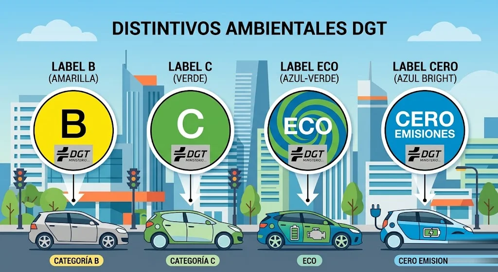Las cuatro etiquetas ambientales de la DGT —B, C, ECO y CERO— sobre los vehículos que representan cada categoría